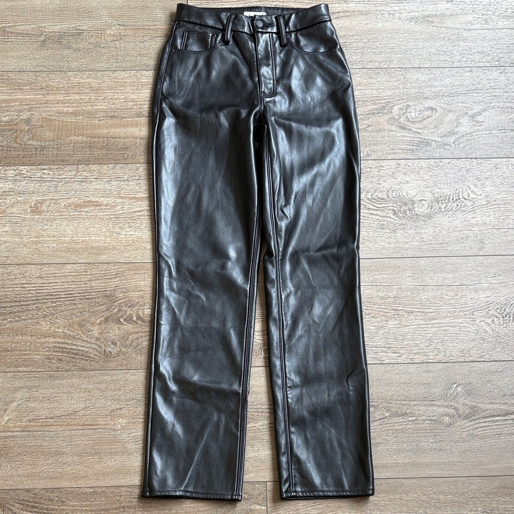 Good American Black Vegan Faux Leather High Waisted Straight Leg Pants Size 6/28